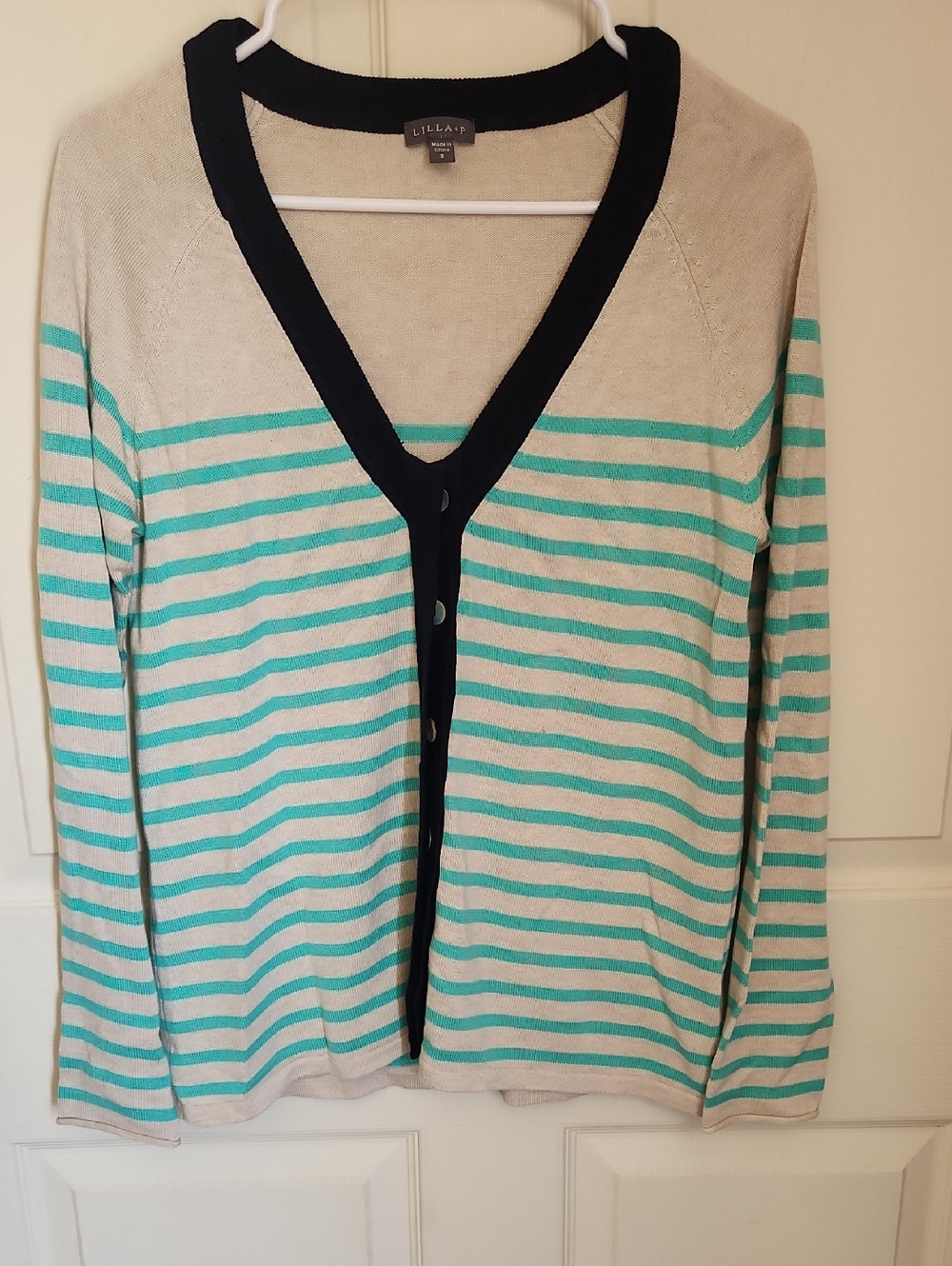 Lilla P Beige Cardigan with Teal Stripes and Black Trim